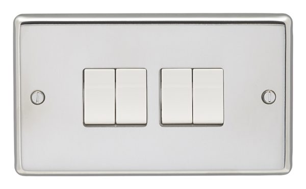 Eurolite Pss4Sww 4 Gang 10Amp 2Way Switch Round Edge Polished Stainless Steel Plate White Rockers