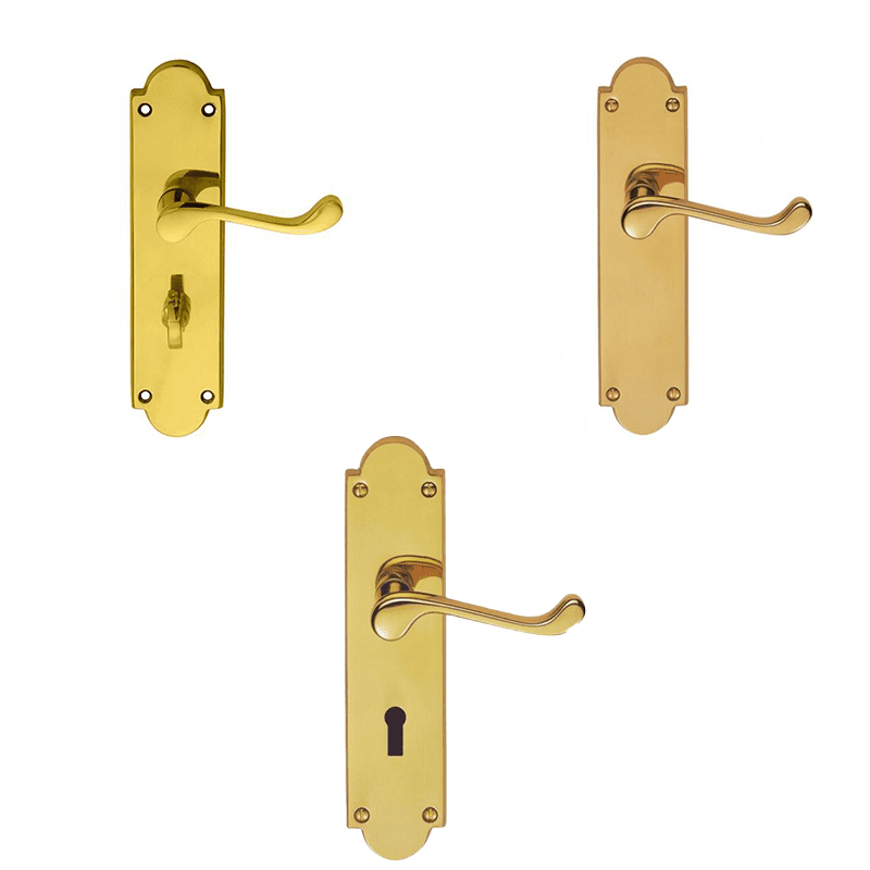 Victorian Shaped Scroll Door Handle On Backplate - Polished Brass Finish