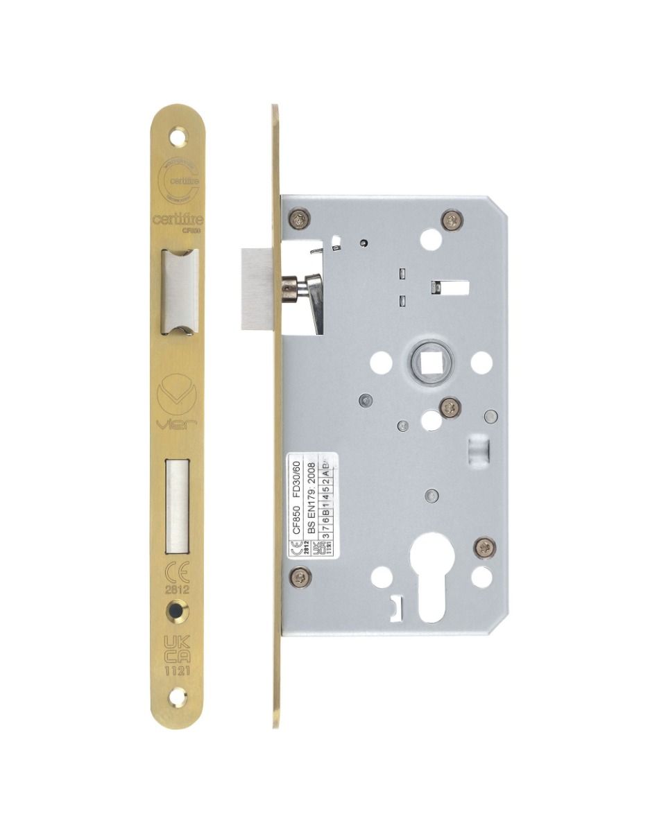 Zoo Hardware Mortice Escape Sashlock - 72mm Centres, 60mm Backset - Radius Forend, Satin Brass ZDL7260ESC-R-PVDSB