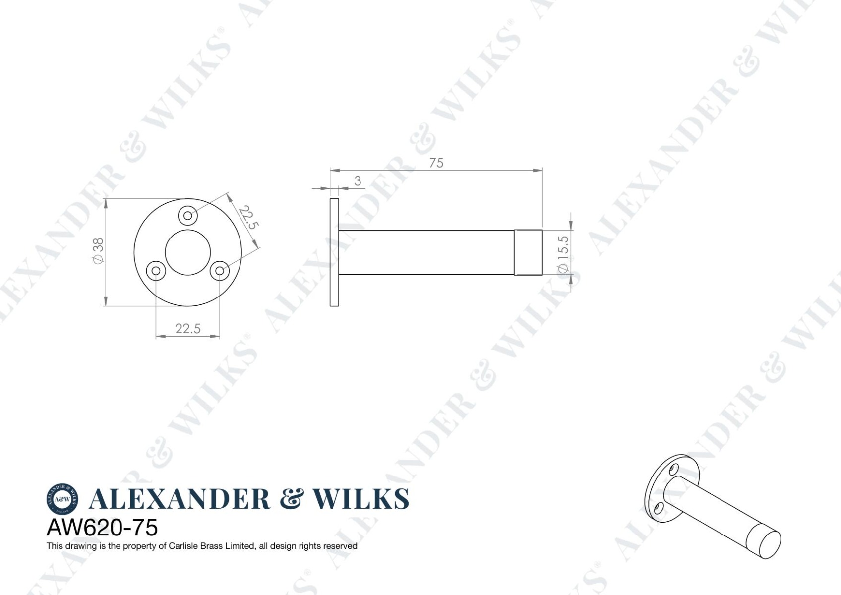 Alexander and Wilks - Cylinder Door Stop on Traditional Rose - Satin Chrome - 75mm AW620-75-SC