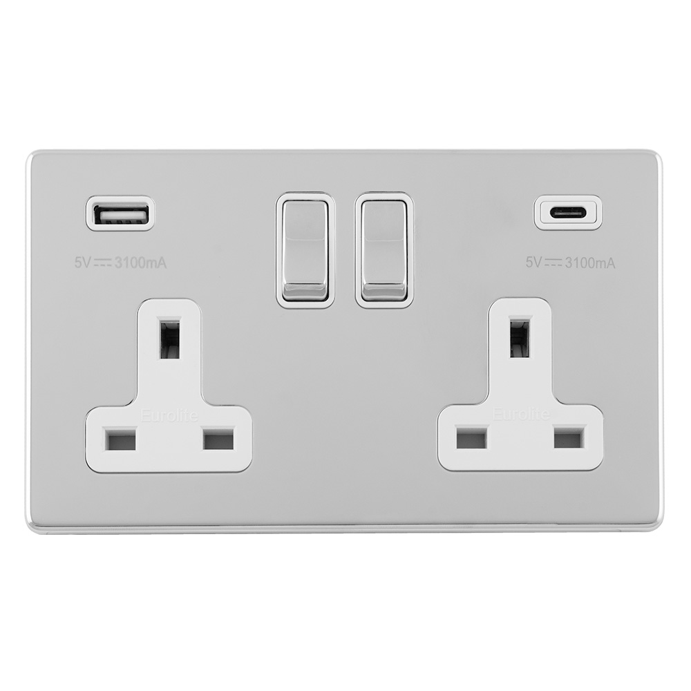 Eurolite Concealed 3mm Concealed 3Mm 2 Gang Usbc Socket - Polished Chrome