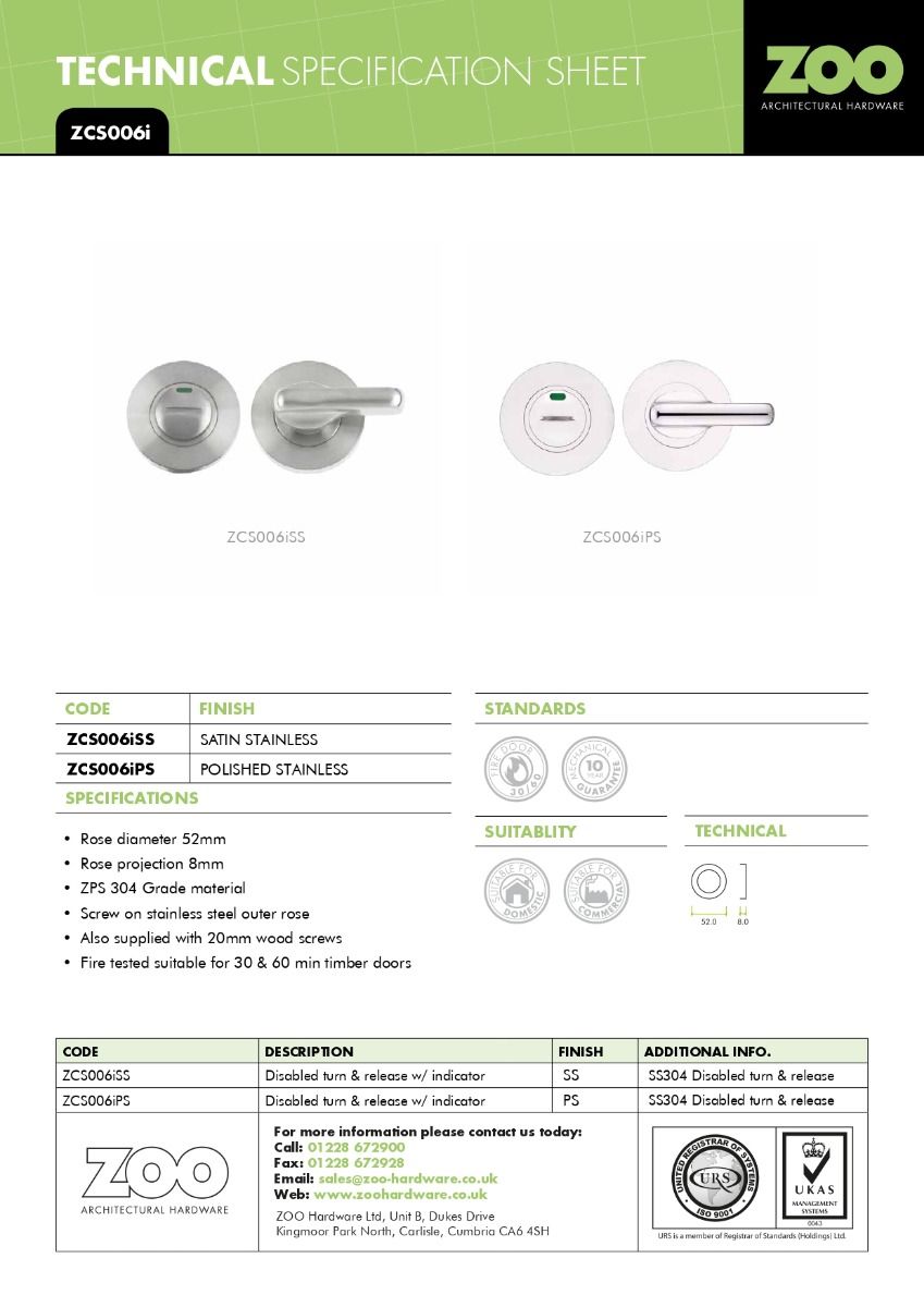Zoo Hardware Disabled Turn and HEX Release with Indicator on 52mm rose- Push On Cover - 5mm spindle - Grade 304 ZCS006ISS-HEX