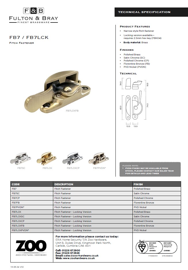 Zoo Hardware Fulton & Bray Narrow Style Fitch Fastener, Polished Chrome
