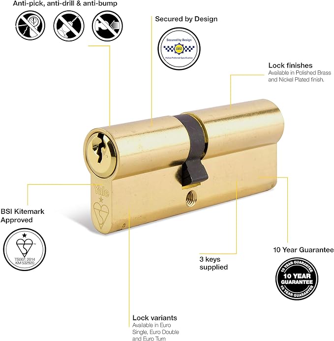 Yale KM3030-PB-KA Euro Double 1 Star Kitemarked Cylinder, 3 Keys Supplied, High Security, Boxed, Suitable for All Door Types, Brass Finish, 30:10:30 (70 mm), Pack of 2