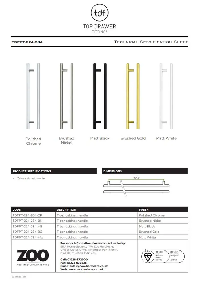 Zoo Hardware TDFPT-224-284BG T Bar Cabinet handle 224mm CTC, 284mm Total length Brushed Gold Finish