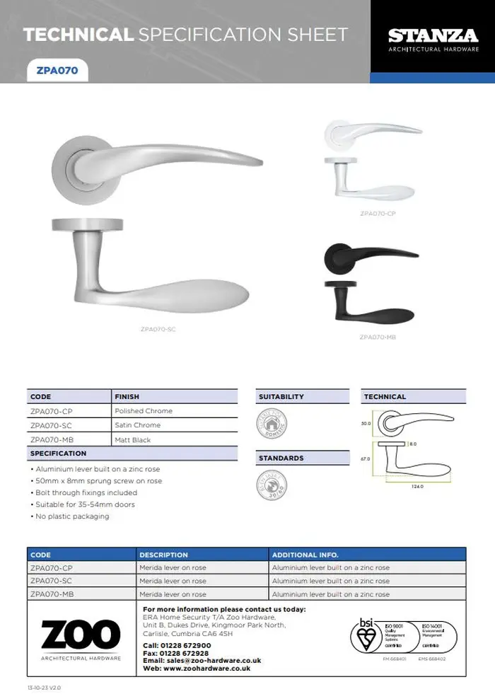Zoo Hardware ZPA070-SC Merida Door Handle on Rose
