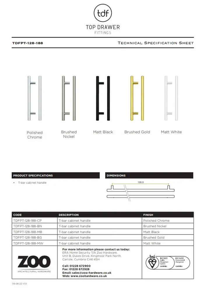 Zoo Hardware TDFPT-128-188BG T Bar Cabinet handle 128mm CTC, 188mm Total length Brushed Gold Finish