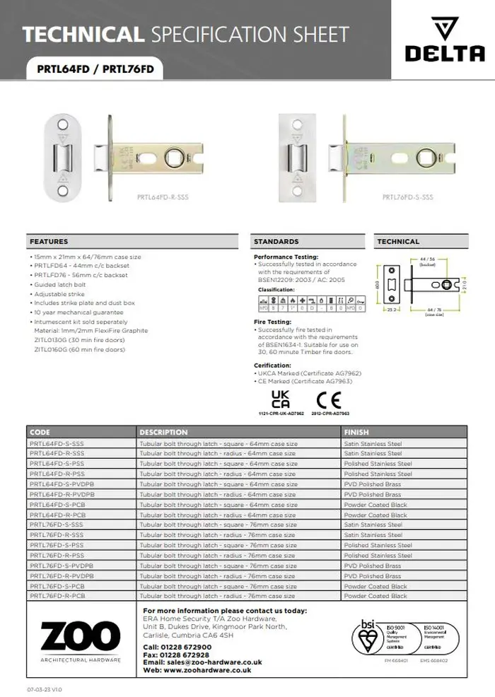 Zoo Hardware PRTL64FD-S-SSS Project Tubular Latch 64mm - UKCA/CE, Square Forend, Satin Stainless Steel