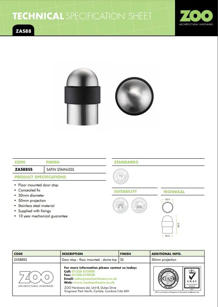 Zoo Hardware Zas Floor Mounted Round Collared Dome Top Door Stop, Satin Stainless Steel