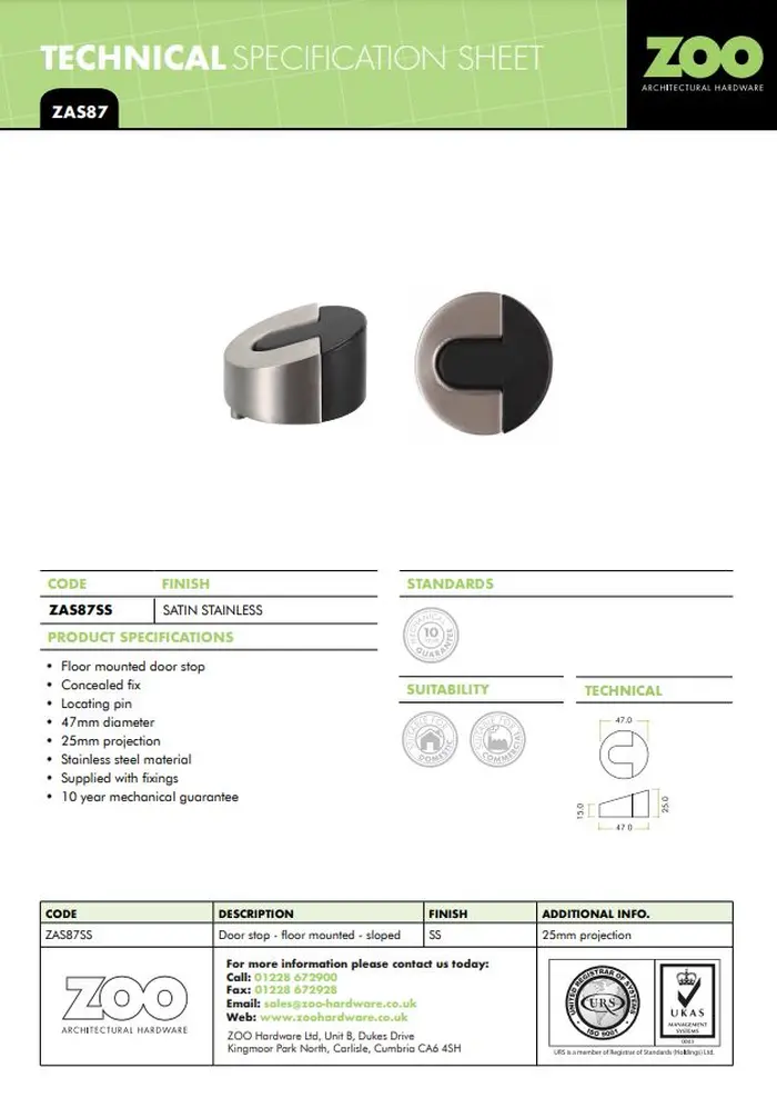 Zoo Hardware Zas Floor Mounted Sloped Door Stop, Satin Stainless Steel