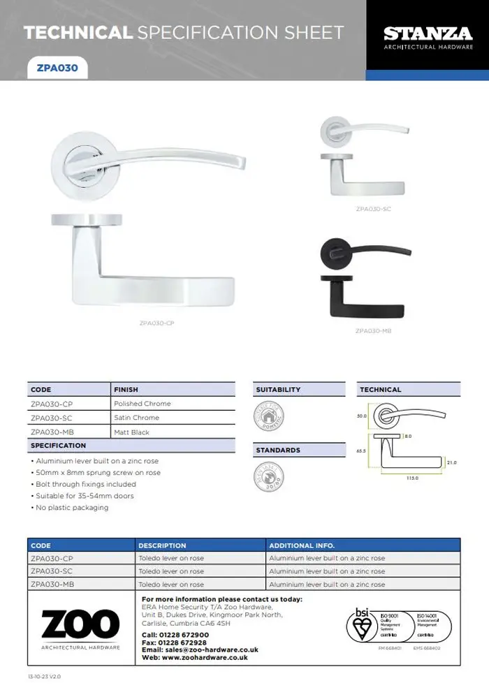 Zoo Hardware ZPA030-CP Toledo Door Handle on Rose Polished Chrome