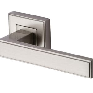 Heritage Brass Linear Satin Nickel Art Deco Style Door Handles On Square Rose (Sold In Pairs)