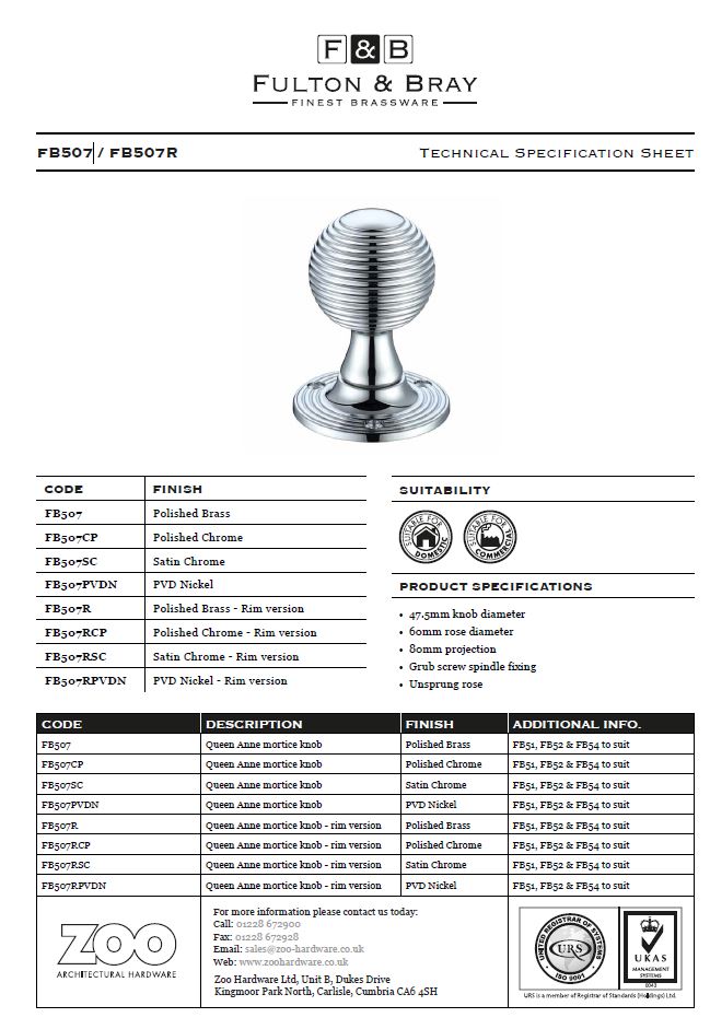Zoo Hardware Fulton & Bray Queen Anne Mortice Door Knobs, Polished Brass - (Sold In Pairs)
