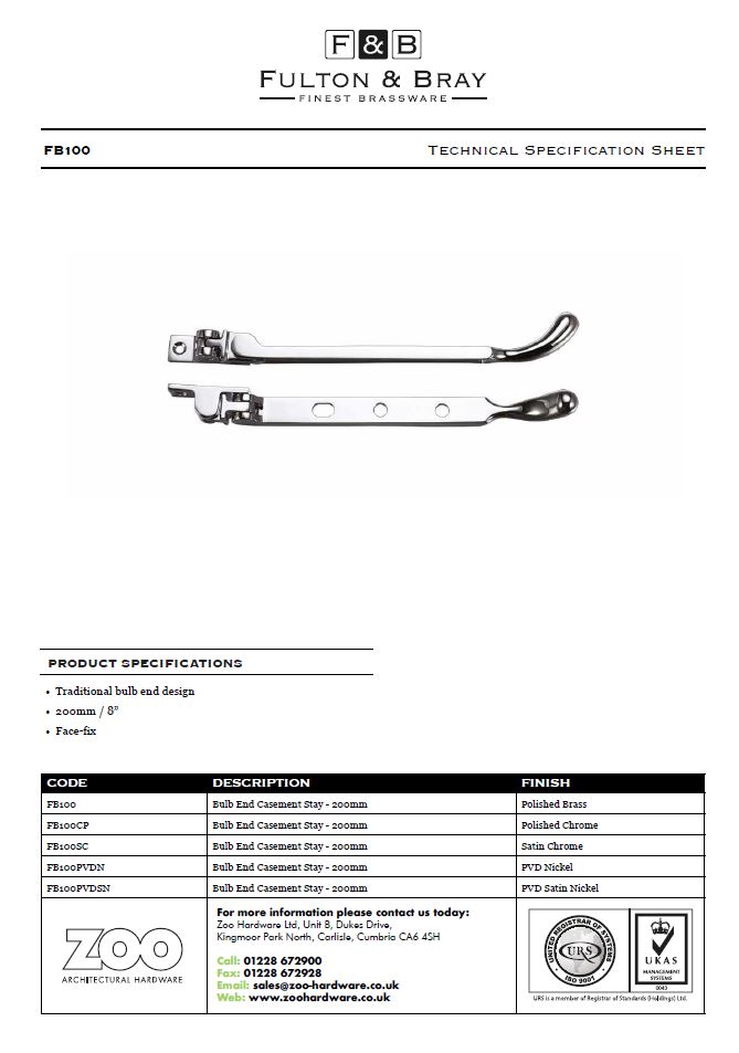 Zoo Hardware Fulton & Bray Bulb End Casement Stay (8", 10" Or 12"), Pvd Stainless Satin Nickel