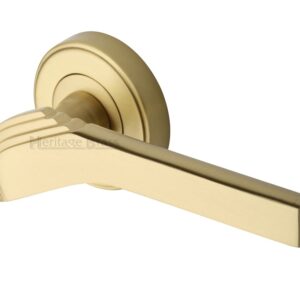 Heritage Brass Tiffany Art Deco Style Door Handles On Round Rose, Satin Brass (Sold In Pairs)