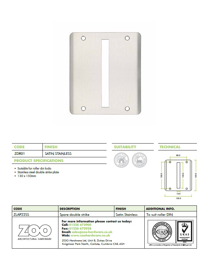 Zoo Hardware Vier Din Spare Double Strike To Suit Roller, Satin Stainless Steel
