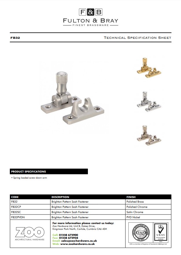 Zoo Hardware Fulton & Bray Brighton Pattern Sash Fastener, Satin Chrome