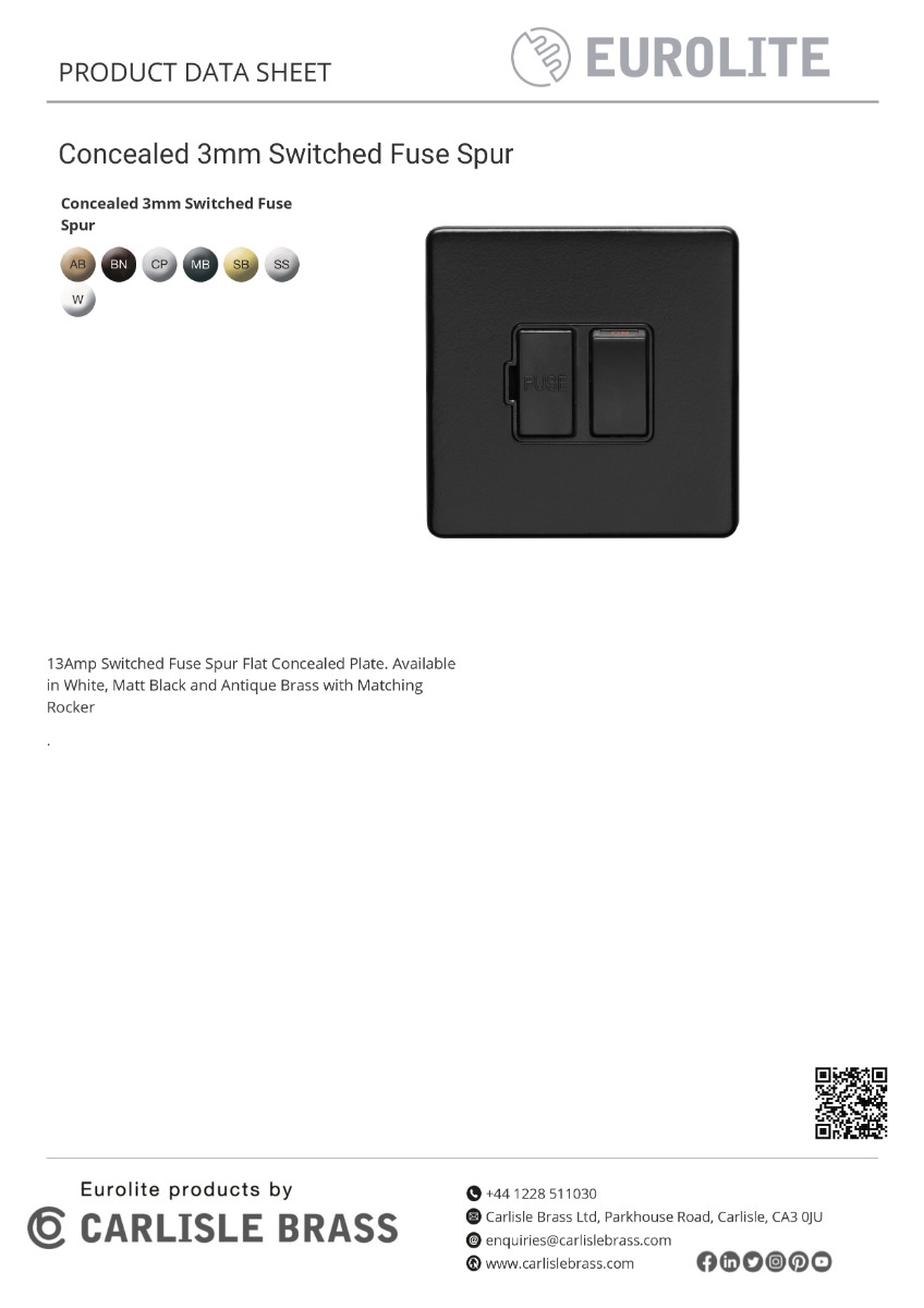 Eurolite Concealed 3mm 13Amp Switched Fuse Spur - Stainless Steel