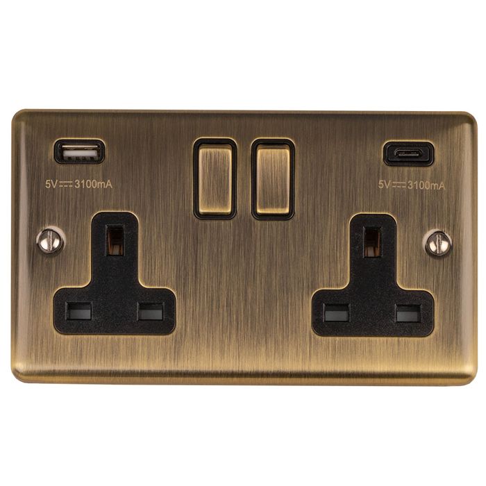 Eurolite 2 Gang 13Amp Switched Socket With 3.1Amp USB Outlet Antique Brass