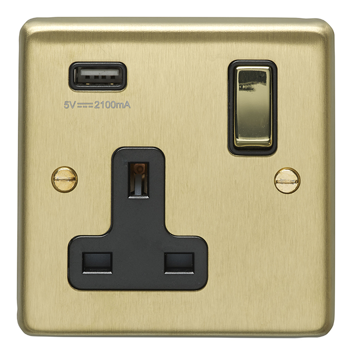 Eurolite Sb1Usbpbb 1 Gang 13Amp Switched Socket With 2.1 Amp Usb Outlet Round Edge Satin Brass Plate Matching Rocker Black Trim