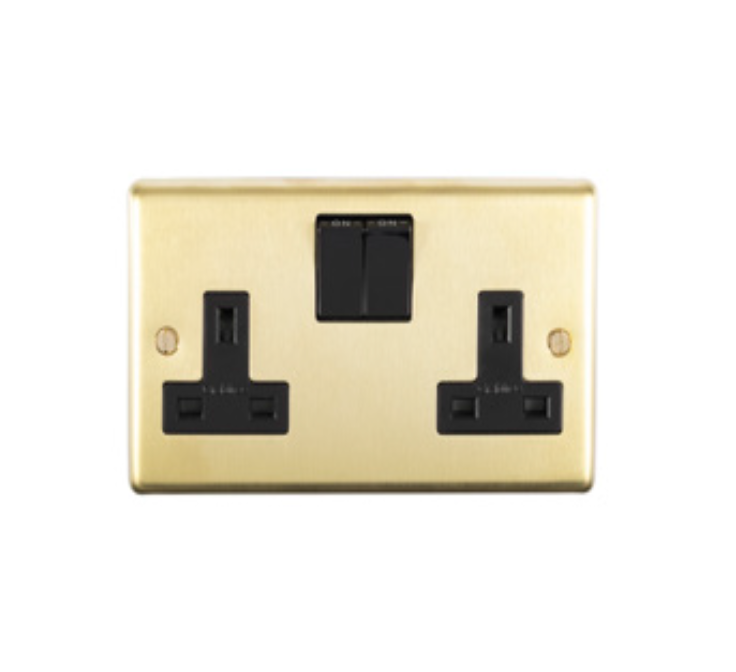 Eurolite Sb2Sopbw 2 Gang 13Amp Dp Switched Socket Round Edge Satin Brass Plate Polished Brass Rockers White Trim