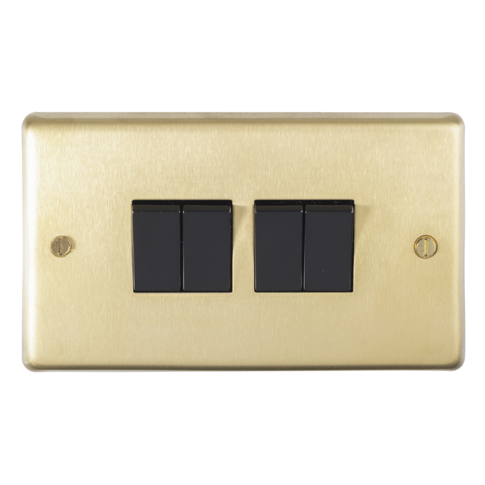 Eurolite Sb4Swb 4 Gang 10Amp 2Way Switch Round Edge Satin Brass Plate Black Rockers