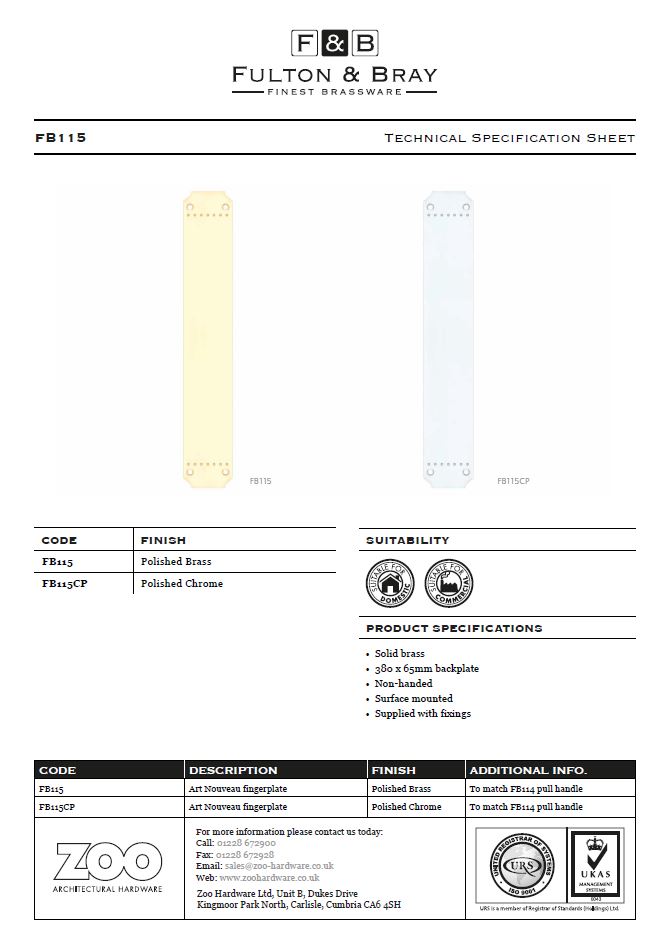 Fulton & Bray Cast Brass Art Nouveau Finger Plate (370Mm X 64Mm), Polished Chrome