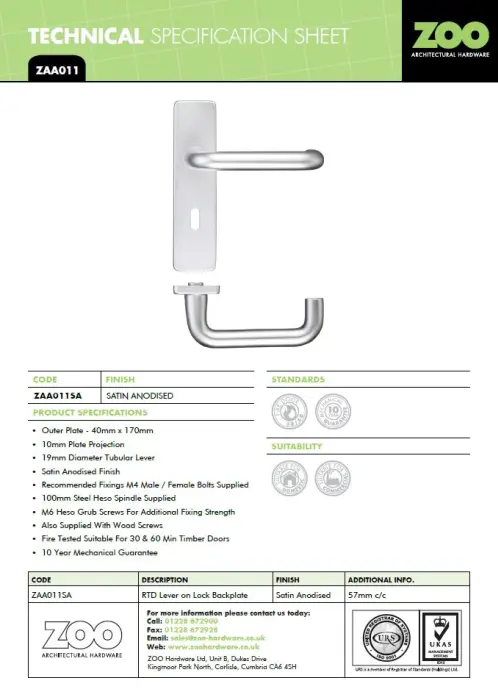 Zoo Hardware Architectural Return To Door Lever On Backplate, Satin Aluminium (Sold In Pairs)
