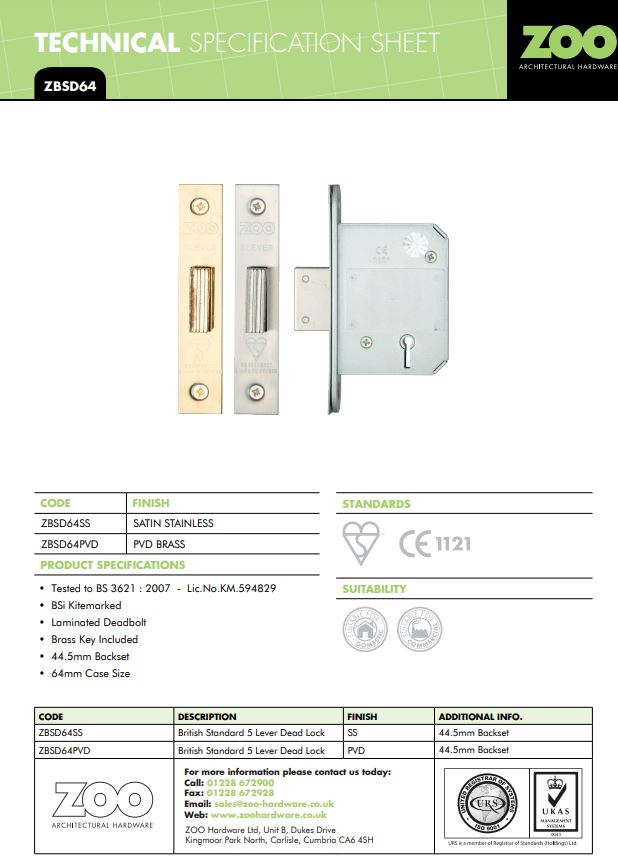Zoo Hardware British Standard 5 Lever Dead Lock (64Mm Or 76Mm), Satin Stainless Steel