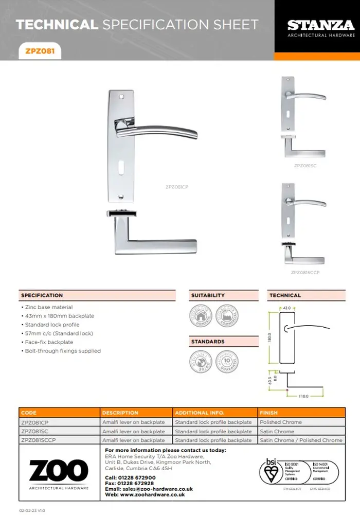 Zoo Hardware Stanza Amalfi Door Handles On Backplate, Satin Chrome (Sold In Pairs)