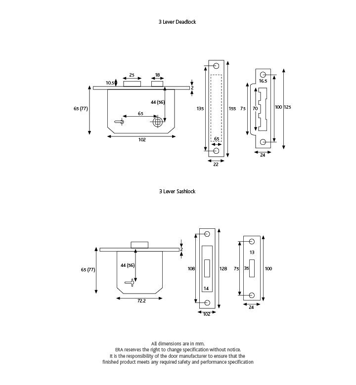 Era 472-61 3 Lever Deadlock 2 1/2" Chrome Box 64mm Polished Chrome