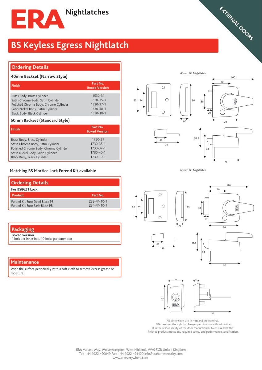 Era 1530-35 British Standard Keyless Egress Nightlatch Door Lock 40mm Keyed Alike Satin Chrome