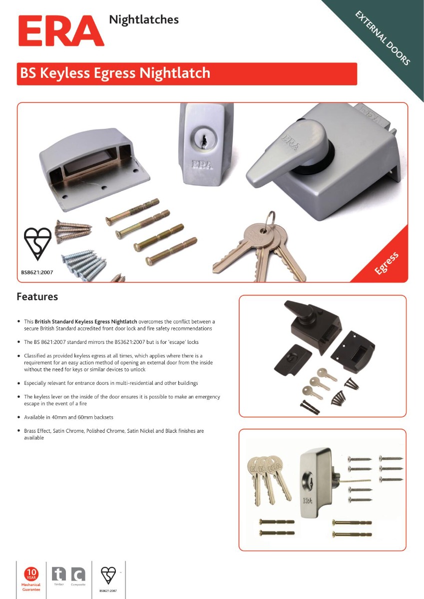 Era 1530-35 British Standard Keyless Egress Nightlatch Door Lock 40mm Keyed Alike Satin Chrome