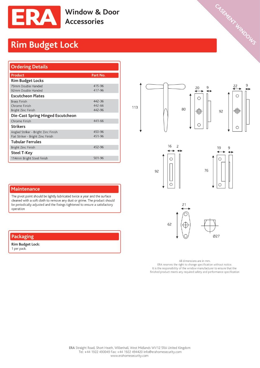 Era 415-96 Rim Budget Lock 3 1/8" X 7/8" Zinc 79mm Zinc Plate
