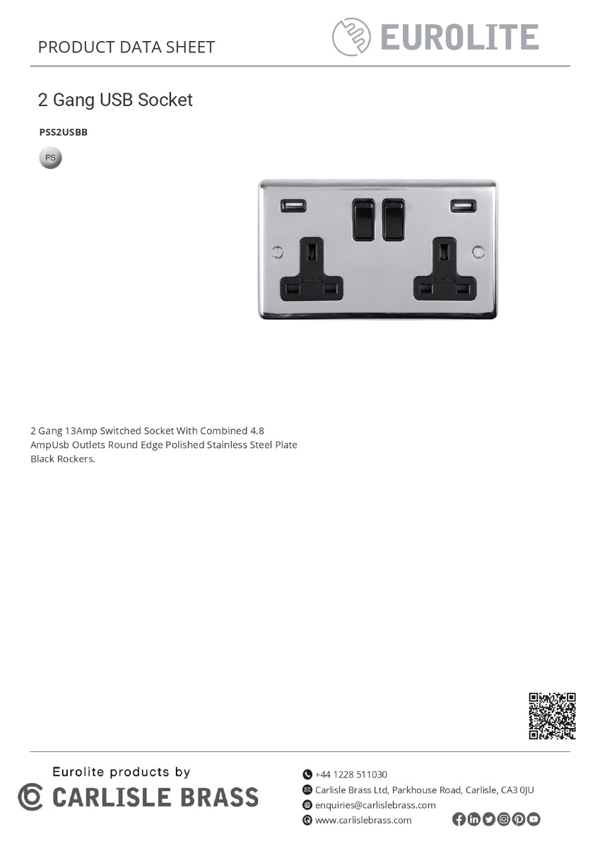 Eurolite Stainless steel 2 Gang Usb Socket - Polished Stainless Steel