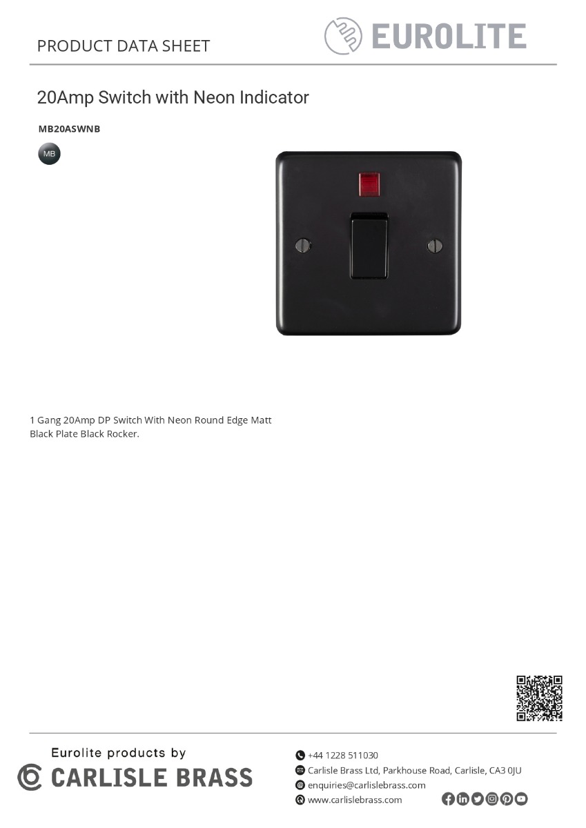 Eurolite Stainless steel 20Amp Switch With Neon Indicator - Matt Black