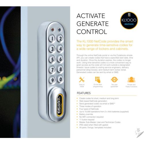 CODELOCKS KL1000 NetCode 7 Digit Electronic Kitlock S/Grey NetCode Vertical