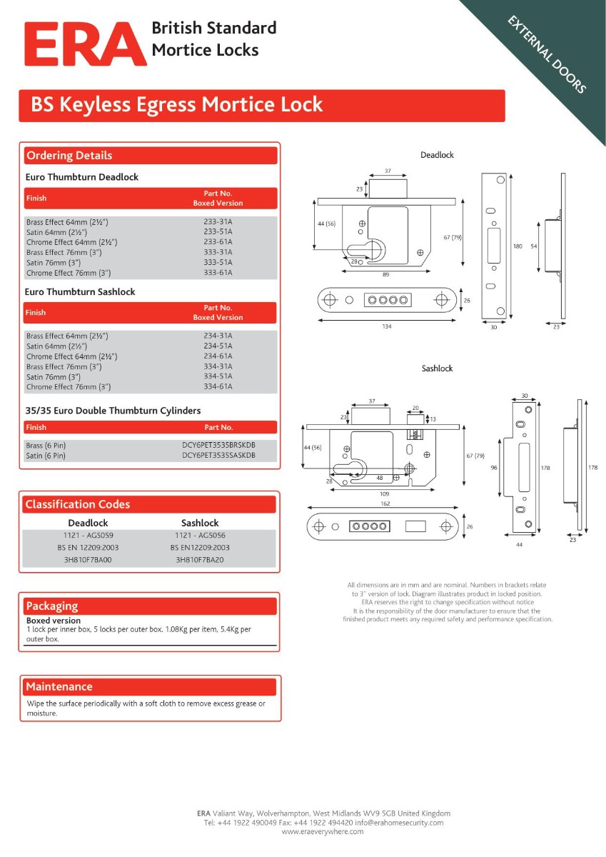 Era 233-61TP BS8621 Euro Mortice Deadlock Keyless Egress 64mm without Euro Cylinder Polished Chrome