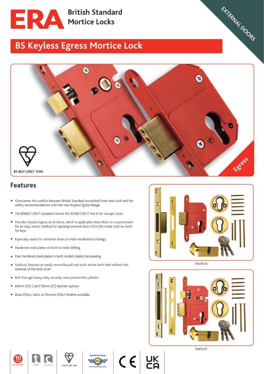 ERA 233-31TP BS8621 Euro Mortice Deadlock Keyless Egress 64mm Keyed Alike Polished Brass