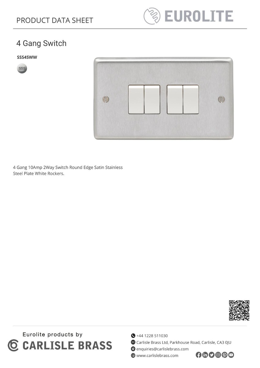 Eurolite Sss4Sww 4 Gang 10Amp 2Way Switch Round Edge Satin Stainless Steel Plate White Rockers
