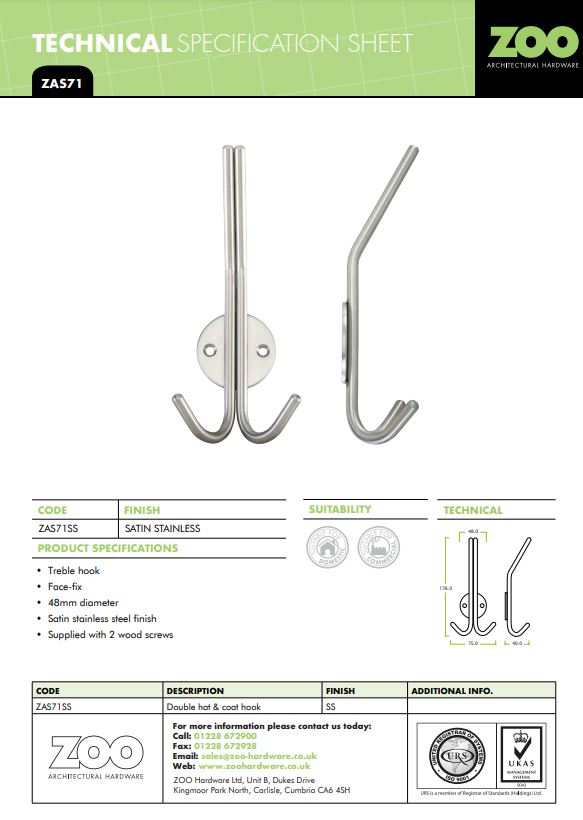Zoo Hardware Zas Double Hat & Coat Hook, Satin Stainless Steel