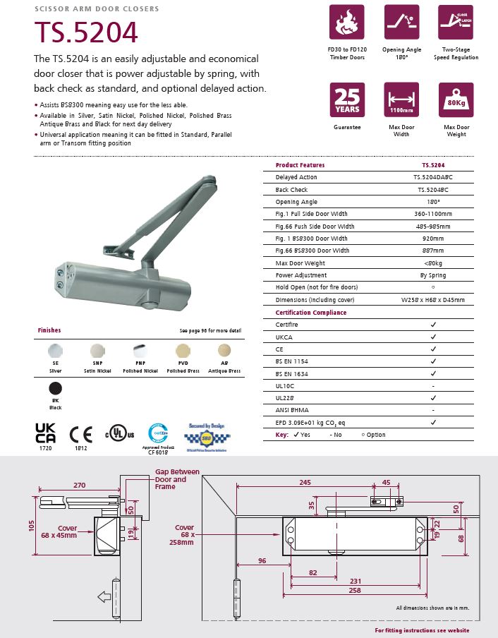TS.5204 Door Closer BC c/w Semi-Radius Cover, Flatbar Armset