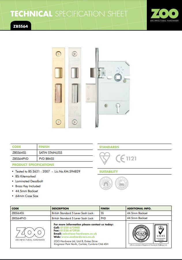 Zoo Hardware British Standard 5 Lever Sash Lock (64Mm Or 76Mm), Pvd Stainless Brass