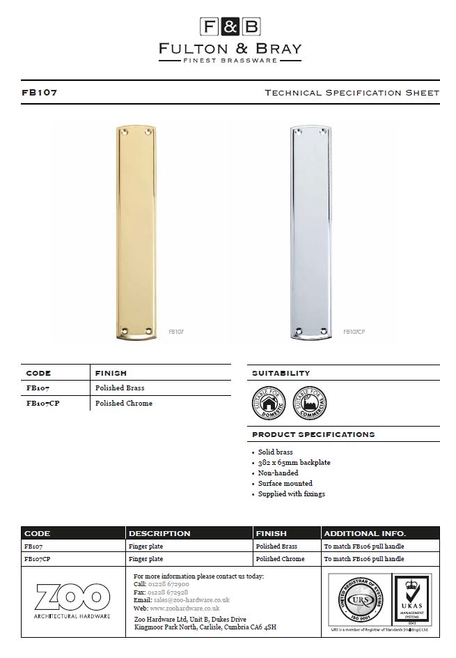 Zoo Hardware Fulton & Bray Stepped Finger Plate (382Mm X 65Mm), Polished Brass