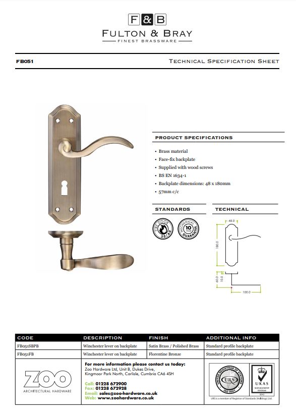 Zoo Hardware Fulton & Bray Winchester Door Handles On Backplate, Florentine Bronze (Sold In Pairs)