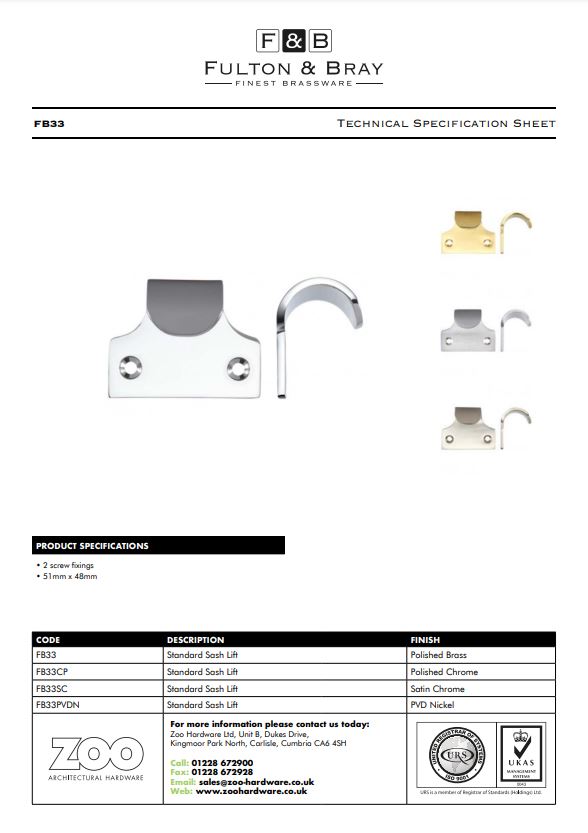 Zoo Hardware Fulton & Bray Standard Sash Lift, Polished Brass