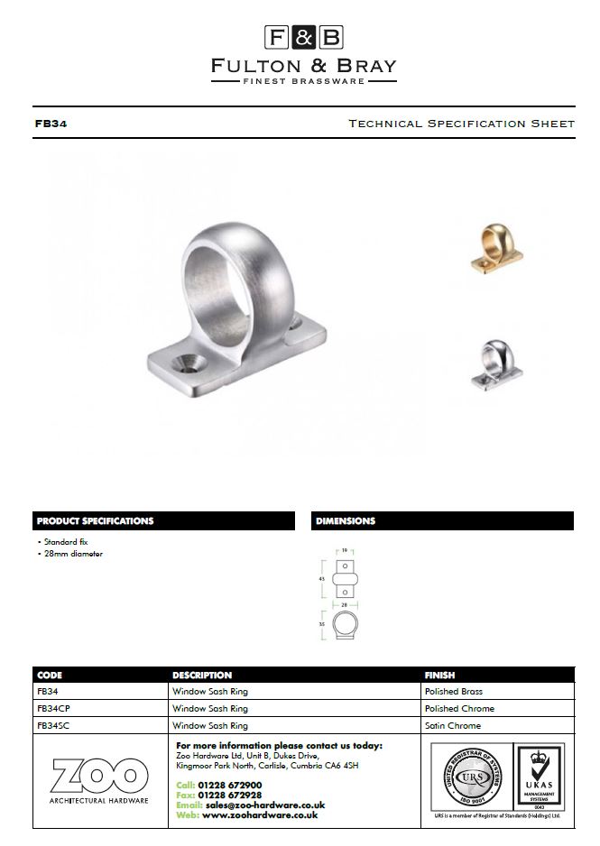 Zoo Hardware Fulton & Bray Window Sash Ring, Polished Brass