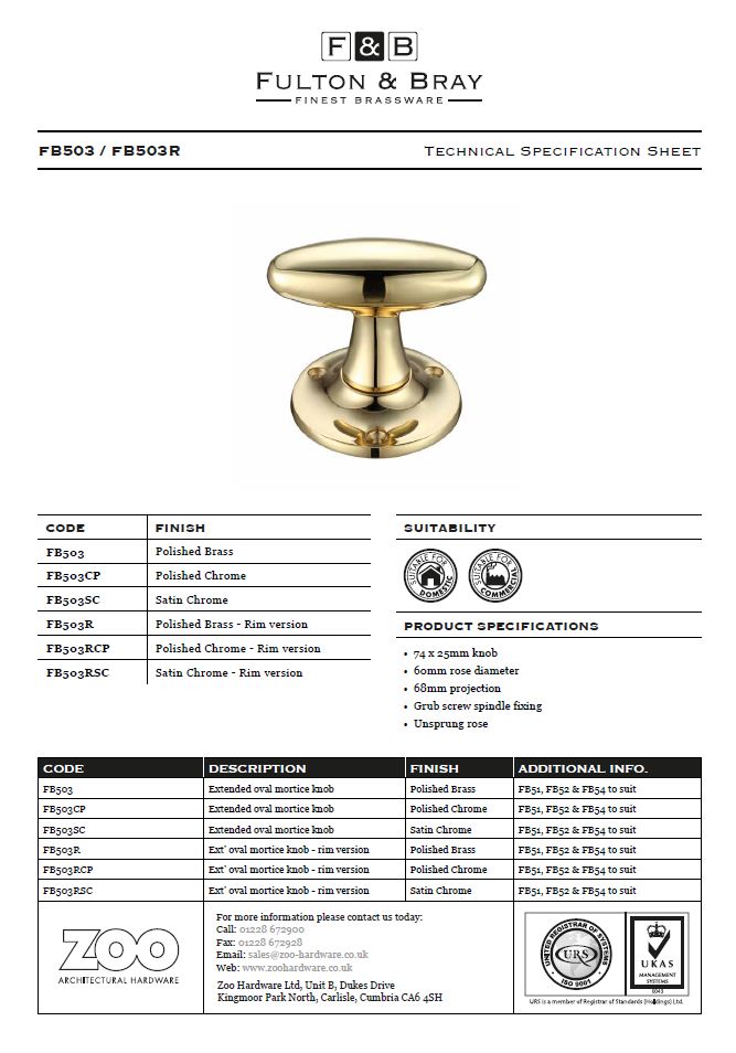 Zoo Hardware Fulton & Bray Extended Oval Mortice Door Knobs, Polished Brass (Sold In Pairs)