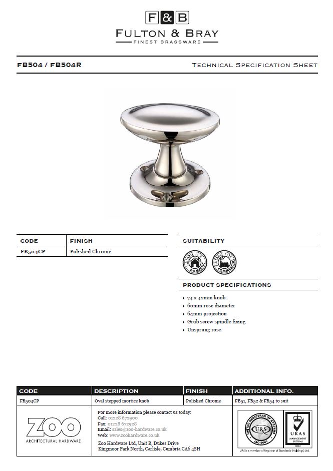 Zoo Hardware Fulton & Bray Oval Stepped Mortice Door Knobs, Polished Chrome (Sold In Pairs)