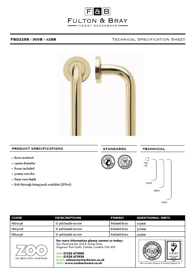 Zoo Hardware Fulton & Bray D Pull Handles (19Mm Bar Diameter), Polished Brass